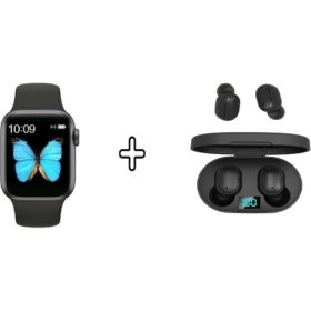 Resim Uyumlu Akıllı Saat ve Kablosuz Bluetooth Kulaklık Seti, Siyah 