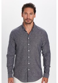 Resim Tudors Erkek Slim Fit Dar Kesim Uzun Kollu Keten Premium Seri Düğmeli Yaka Spor Antrasit Gömlek-32817 Antrasit 
