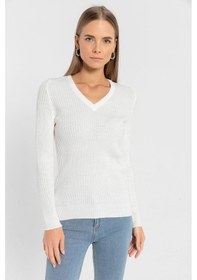 Resim Miss Poem Kadın V Yaka Slim Fit Fitilli Uzun Kışlık Ekru Triko Kazak Ekru 