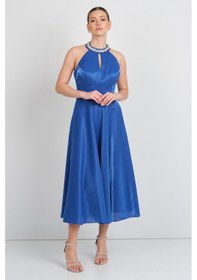 Resim Saygın Kadın Halter Yaka Saten Midi Abiye Elbise 5624 Saks Saks 