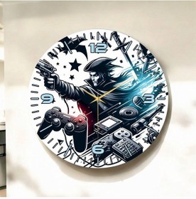 Resim Siyah Beyaz Renkli Baskı Game Ve Oyun Konsolu Desenli Sayılı Hediyelik Ahşap Sessiz Duvar Saati 50cm ÇOk Renkli 