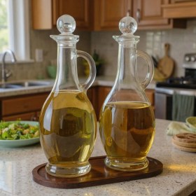 Resim Rembox Bambu Standlı Kulplu Yağdanlık Seti – 2’li 500 ml Kristal Tıpalı (Koyu Renk Altlıklı) 