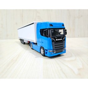 Resim Maket 33 cm uzunlukta 1/50 ölçek Mavi SCANIA 770S TIR MAKETİ (firma ismi yazılabilir) 