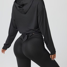 Resim Kadınlar için Yüksek Esneklikli Kapüşonlu Spor Ceketi - Koşu, Yoga ve Günlük Giyim için Fermuarlı Kısa Dizayn, Siyah, Yoga Giyim | Spor Kapüşonlu Ceket | Pürüzsüz Dokulu 