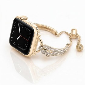 Resim Apple Watch Saat Jaguar Tasarımlı Şık Taşlı Kordon Açık Gold - 38/40/41 