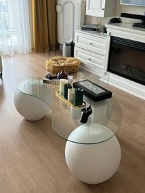 Resim Modern Orta Sehpa & Küre Sehpa & Top Sehpa & 41 Cm Şeffaf Fasulye Cam & Beyaz Top 
