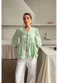 Resim Ge Ticaret Keten Bluz Önden Bağlamalı Fırfır Detaylı - Yeşil Yeşil 