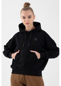 Resim Maraton Oversize Kadın Kapüşonlu Siyah Sweatshirt Siyah 