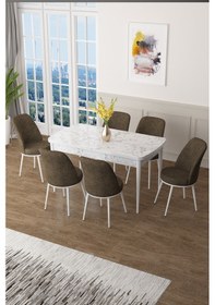 Resim Canisa Zen Serisi 80x132 Mdf Açılabilir Beyaz Mermer Desen Masa Takımı Ve 6 Kahverengi Sandalye Masa Beyaz Mermer Desenli Sandalyeler Kahvereng 