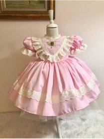Resim H L Y Karol Tasarım Pembe Saten Vintage Kız Bebek Elbisesi, Özel Dikim Kız Çocuk Elbisesi, Doğum Günü Elbisesi, Fotoğraf Çekim Elbisesi, Kız Bebek Hediyesi, 0-12 Yaşa Uygun Pembe 