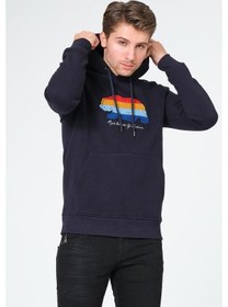 Resim Süzene Nakış Ayı Baskılı Kapüşonlu Mavi Sweatshirt Polarlı Çok Renkli 