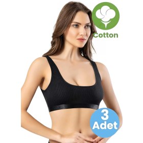 Resim Tezzgelsin Kadın 3'lü Geniş Askılı Penye Kaşkorse Kumaş Pedli Crop Büstiyer Sütyen Siyah 