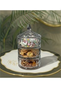 Resim Elta Collection 3 Katlı Kristal Cam Şekerlik Lokumluk, Kurabiyelik, Çerezlik, Sunumluk Beyaz 