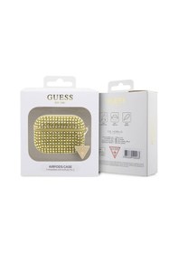 Resim Apple Uyumlu AirPods Pro 2 Kılıf Guess Lisanslı Parıltılı Taş Kaplamalı Üçgen Logo Süs Zincirli Gold 