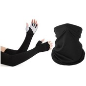 Resim Yaz Açık Bisiklet Güneşe Dayanıklı Buz İpek Soğutma Yarım Parmak Kol Kollu + Sihirli Eşarp Seti - Siyah 