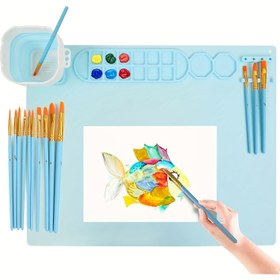 Resim 1 Uygun Silikon Boyama Matı, 50.8cm x 40.64cm Reçine Döküm Silikon Matı, Yapışmaz Silikon Levha, Temizleme Kupası ile Silikon El Sanatları Matı, Boyama, Sanat, El İşleri, Kalıp Yapımı ve DIY Yaratıcılık için, Mavi/Pembe/Yeşil 10 Fırça ile 