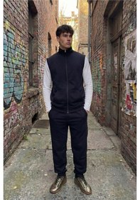 Resim Erkek Siyah Dik Yaka Fermuarlı Yelekli 3 Lü Eşofman Takımı Beyaz Basic Sweatshirt & Jogger Alt Çok Renkli 
