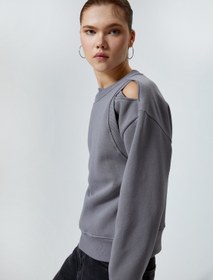 Resim Pencere Detaylı Sweatshirt Uzun Kollu Bisiklet Yaka Rahat Kalıp 