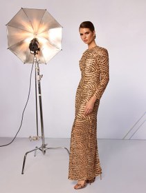 Resim Gold Sequin Backless Dress - 38 