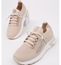 Resim Muggo Martha Kadın Kalın Taban Günlük Triko Taşlı Bağcıklı Sneaker Spor Ayakkabı Bej 