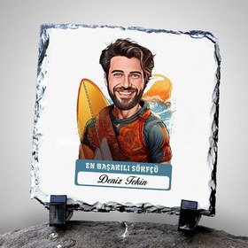 Resim Karikatürlü En Başarılı Erkek Sörfçü Dekoratif Taş 
