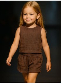 Resim Çocuk Müslin Şortlu Takım-15868 Kahverengi 
