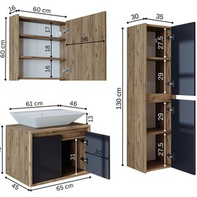 Resim ROOMART Tm7.3 Lavabolu Ahşap-antrasit Mdf 65 Cm Banyo Dolabı+aynalı Banyo Üst Dolabı+banyo Boy Dolabı 