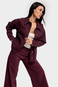 Resim Kadın Bordo Renk T-6w5-122 Oversize Parlak Taşlı Özel Tasarım Denim Ceket - Bordo / L 