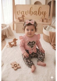 Resim Kız Bebek Leopar Desenli Çıtçıt Zıbın Model Kalp Figürlü Bandanalı 3 Lü Takımı Pembe 