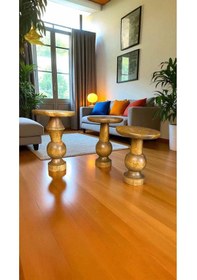 Resim Simillo 3 Lü Masif Ahşap Mantar Sehpa Seti Koyu Ceviz Renkli Doğal Zigon Yan Sehpalar - Mushroom Side Table Koyu Ceviz 