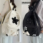 Resim Yıldız Applikalı Korduroy Gündelik Çantası - Gündelik Stil Geniş Sırt Çantası, Hafif Katlanabilir Lise Çantası, Ayarlanabilir Askılar ve Polyester Astar, Fermuar Kapatma ile Günlük İletişim 