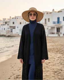 Resim Trend Kapında Yazlık Ajurlu Uzun Önü Açık Triko Kimono Kaftan, Plaj Giyim 