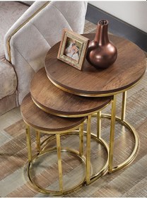 Resim 3' Lü Koyu Ceviz Ahşap Gold Metal Sehpa 