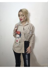 Resim Baskılı Keten Basıc Gömlek Bej 