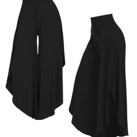 Resim Kadınlar için Şık Büyük Beden Geniş Paça Pantolon - Düz Renk, Esnek Polyester, Makinede Yıkanabilir 