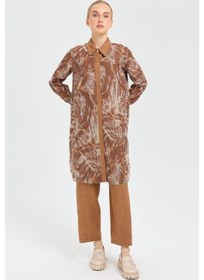 Resim Esswaap Desenli File Kumaş Tunik Pantolon Takım Camel Kahverengi 