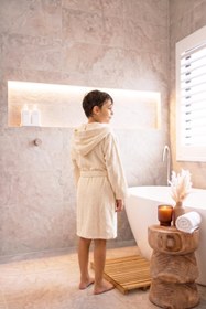 Resim CottonVerse Genç & Çocuk Kapşonlu Bornoz - %100 Pamuk, Unisex Ekru - Ekru / 7-8 Yaş 