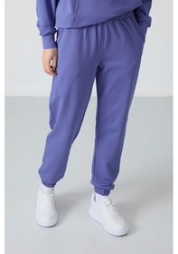Resim Tommy Life Eflatun Kapüşonlu Kanguru Cep Oversize Lastik Paça Kadın Eşofman Takımı - 95288 Mor 