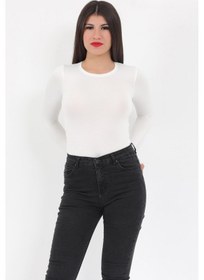 Resim Giysa Kadın Ekru Bisiklet Yaka Uzun Kollu Esnek Çıtçıtlı Body Zıbın - 2439 Ekru 