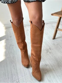 Resim SHOEBOURNE Camel Süet Western Tarzı Dizaltı Uzun Kadın Çizme 