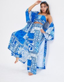 Resim Kimono 3 Parça Büstiyerli Mavi Desenli Alt-Üst Takım (Medine İpeği) - MAVİ DESENLİ / M 