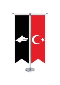 Resim Siyah Beyaz Göktürk Bayrağı - 17 Eski Türk Devletleri Ve Türkiye -saten T Direk 2li Masa Bayrağı 1 