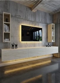 Resim Resital Ledli Duvara Monte Tv Sehpası - Traverten - W6007-8 Traverten 