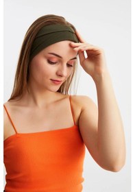 Resim Kadın Çift Taraflı Kullanım Alternatifli Pamuklu Penye Kaymaz Hafif Spor Saç Bandı Bandana - Tek Ebat / Haki Haki 