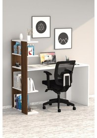 Resim Moonlife Çınar Kitaplıklı Çalışma Masası Beyaz Ceviz Beyaz 