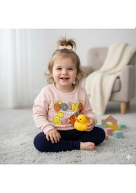 Resim Kız Bebek Baskılı Çıt Çıtlı Alt Üst İkili Gündelik Takım 6-18 Ay Pudra 