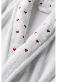 Resim %100 Pamuk Beyaz Bornoz, Kalp Nakışlı - Şalyaka Otel Bornozu, Spa Için Ideal, Günlük Kullanıma Uygun Beyaz 