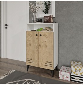 Resim Ayarlanabilir Raflı Koku Biriktirmeyen Kokusuz Tamamen Mdf Ayaklı Beyaz - Meşe 
