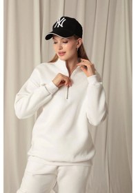 Resim Üç İplik Dik Yaka Yarım Fermuarlı Kadın Ekru Sweat Çok Renkli 