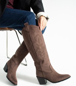 Resim Bufu Dallas Kadın Kahverengi Süet Kovboy Çizme – Kalın Topuklu, Diz Altı Model 